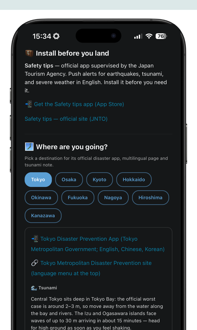 Destinations: pick a city for its app and tsunami risk